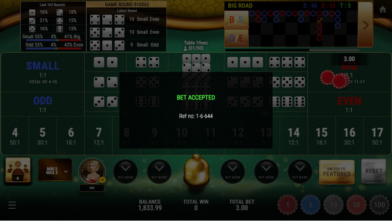 SBOTOP Casino Games - Sic Bo Multiplayer Bet Accepted