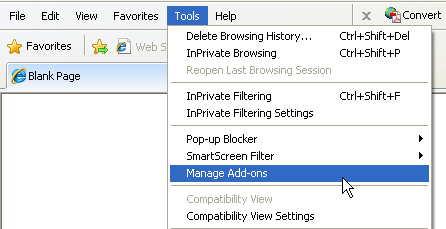 คลิก Tools และเลือก Manage Add-ons ใน IE8