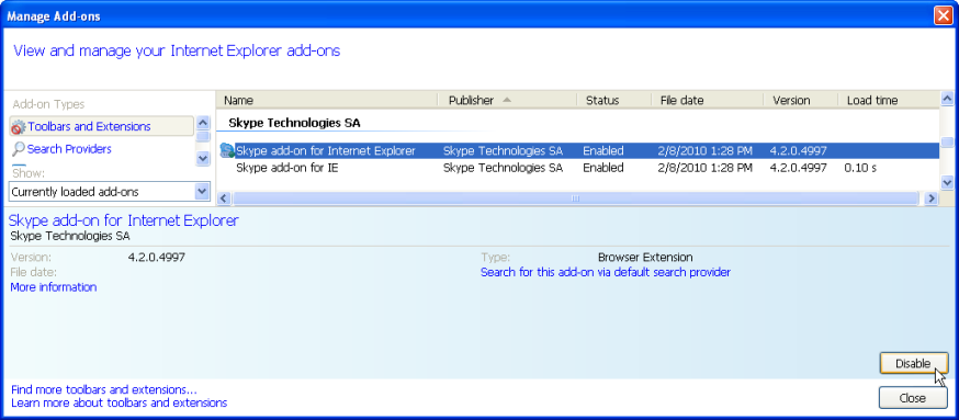 เลือก Add-ons ใน IE8