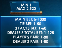 Three Faces Baccarat table limit information.png Three Faces Baccarat table limit information.png