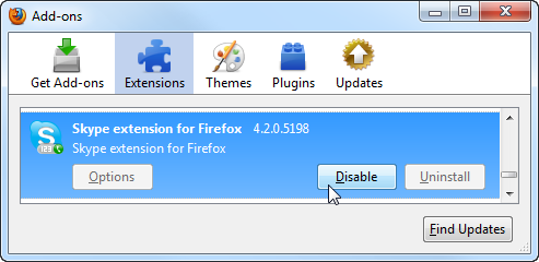 在 Firefox 3 里的“扩展”选项下,选择想要禁用的插件后点击“禁用”按钮 在 Firefox 3 里的“扩展”选项下,选择想要禁用的插件后点击“禁用”按钮